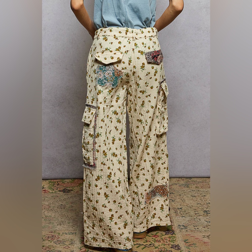 POL Boho Cream Floral Patchwork Wide-Leg Pants - Picture 4 of 5